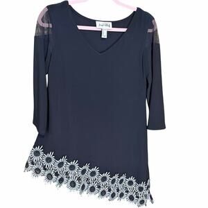 Joseph Ribkoff Black Asymmetrical Floral Hem Tunic Mesh Sleeve Top Size 8